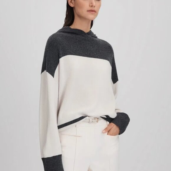 REISS “Alex” Wool Cashmere Striped Hoodie Sweater Beige & Charcoal Size Smal - Picture 16 of 16